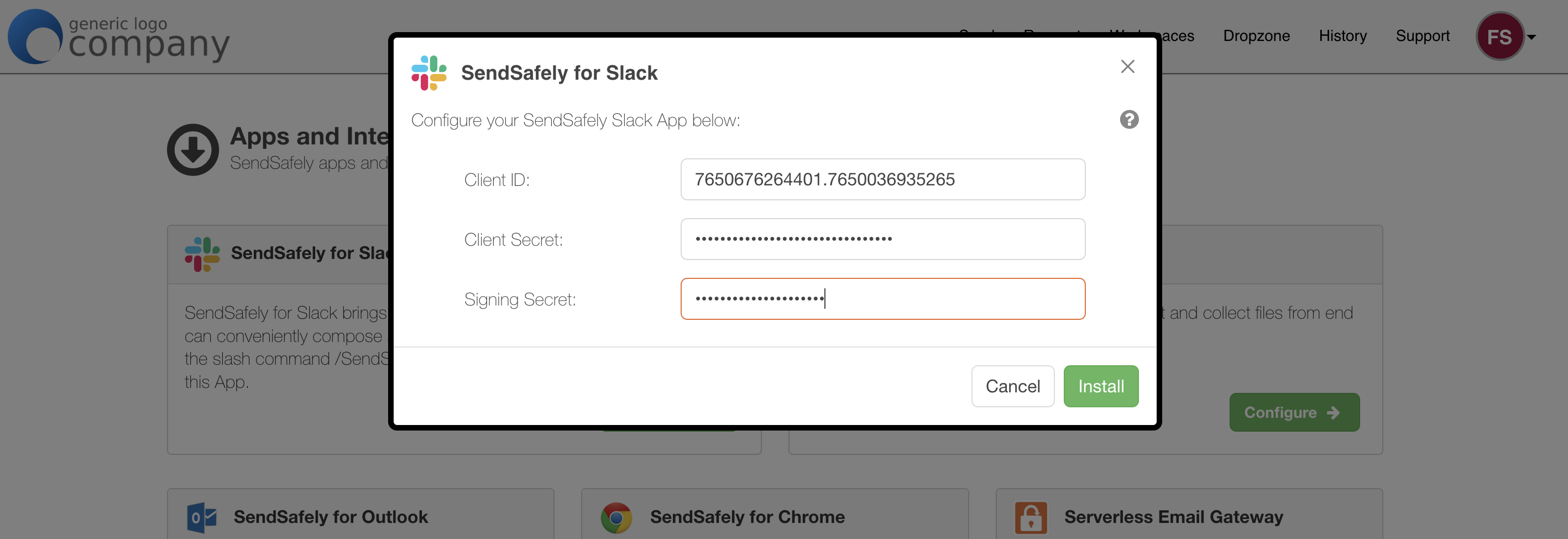 SendSafely Slack App config.png